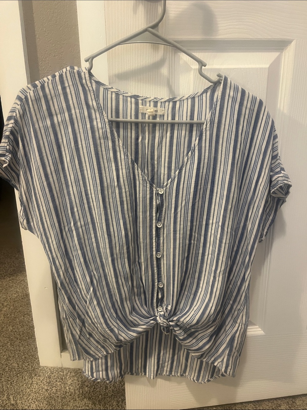 Maurices Blue and White Striped Button-Front Knot Top